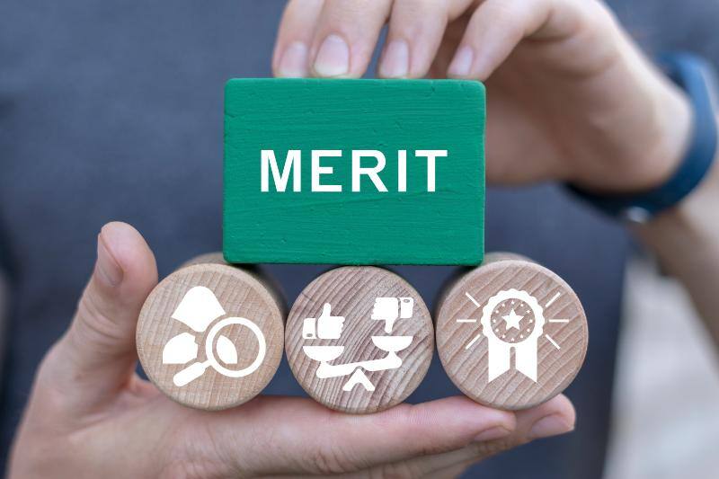 「MERIT」の文字と３つのアイコンが描かれた木のブロック