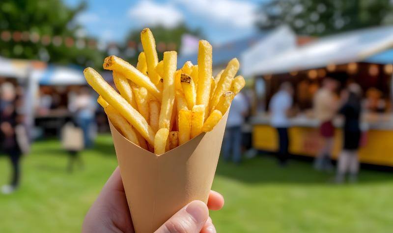 野外イベントを背景に掲げられたポテトフライ