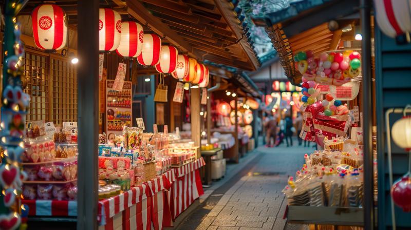 境内に縁日の出店が並ぶ風景
